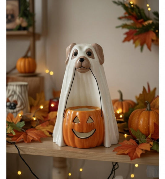 Ceramic Halloween Ghost Dog Holding Pumpkin Jack-O-Lantern T-light Candle Holder, Home Décor, Gift for Her, Gift for Mom, Dog Lover Gift