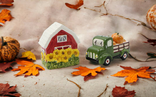 Ceramic Sunflower Barn and Red Pickup Truck With Pumpkins Salt and Pepper Shakers, Gift for Her or Mom, Fall Décor, Farmhouse Decor