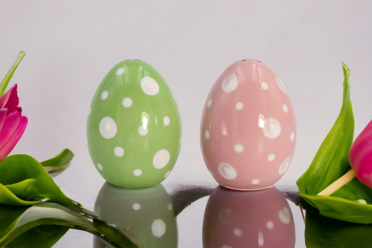 Ceramic Spotted Pink and Green Easter Egg Salt and Pepper Shakers, Gift for Her, Gift for Mom, Kitchen Décor, Spring Décor, Easter Décor