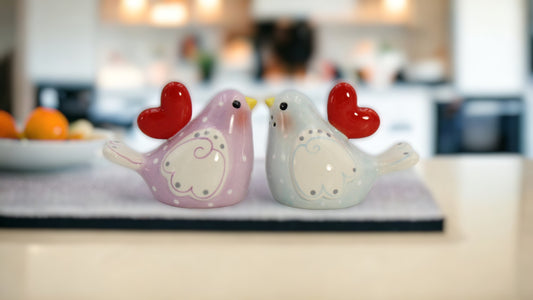 Ceramic Birds with Heart Salt and Pepper Shakers, Valentines Day, Wedding Décor or Gift, Anniversary Décor or Gift