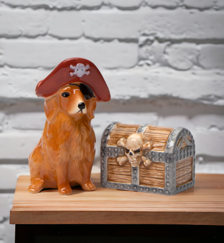 Ceramic Pirate Golden Retriever Dog & Treasure Box Salt & Pepper Shakers, Gift for Her, Gift for Mom, Kitchen Décor, Dog Lover Gift