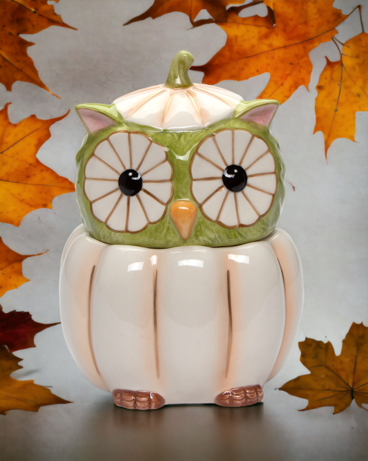 Ceramic White Pumpkin Owl Candy Jar, Home Décor, Gift for Her, Gift for Mom, Kitchen Décor, Fall Décor, Halloween Décor