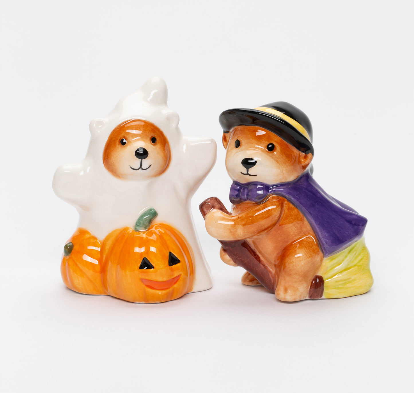 Ceramic Halloween Teddy Bear Witch and Ghost Salt and Pepper Shakers, Gift for Her, Mom, Kitchen Décor, Fall Décor