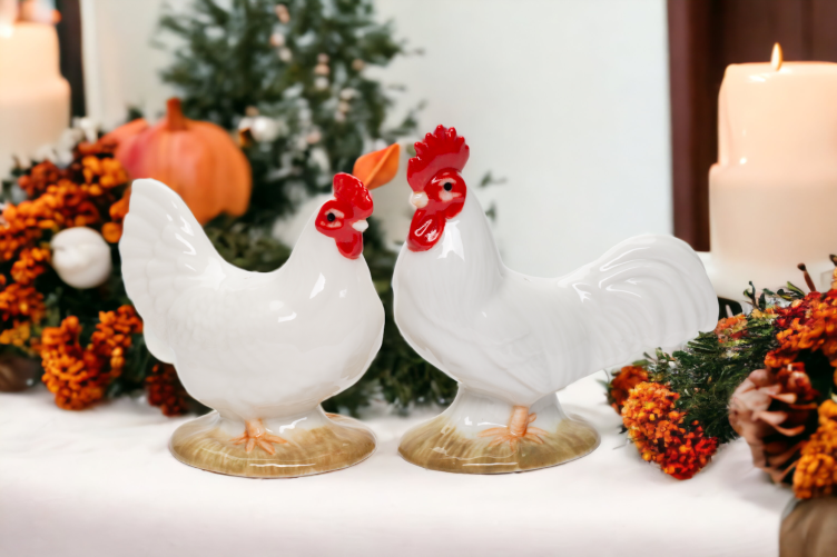 Ceramic White Rooster and Hen Salt and Pepper Shakers, Gift for Her, Mom, Farmhouse Kitchen Décor, Fall Décor, Thanksgiving Décor