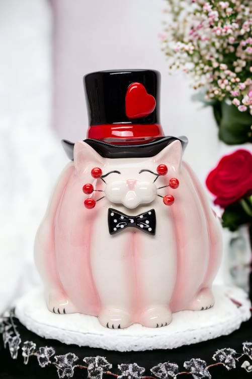 Ceramic Valentine Themed Whiskered Cat Chocolate Candy Jar, Gift for Her, Gift for Mom, Valentine’s Day Décor, Romantic Décor