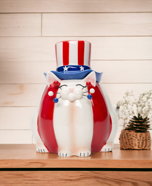 Ceramic American Cat Candy Box, Gift for Patriot, Independence Day Decor, Cat Lover Gift, Kitchen Decor