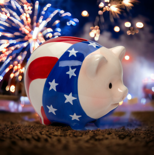 Ceramic American Flag Pig Piggy Bank, Home Décor, Patriot Gift, Gift for Mom, Dad, Kid, Independence Day Décor, July 4th