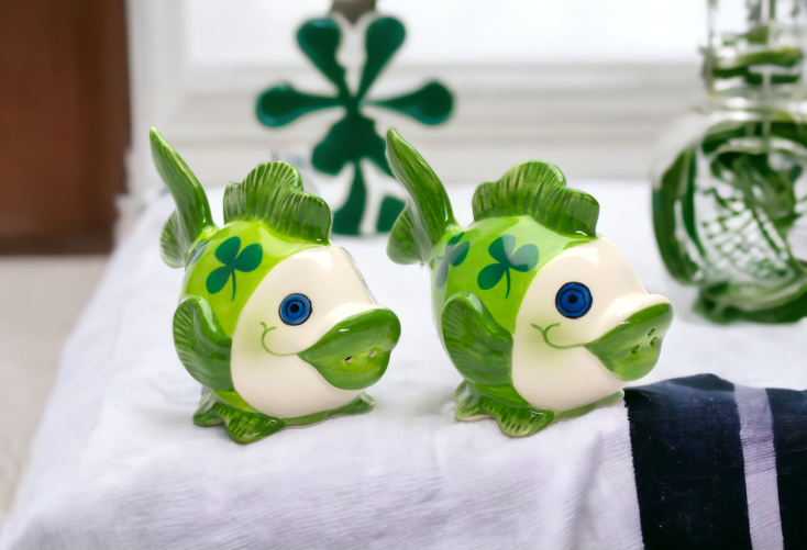 Ceramic Saint Patrick's Day Fish Salt and Pepper Shakers, Home Décor, Gift for Her, Mom, Kitchen Décor, Irish Saint Patrick’s Day Décor