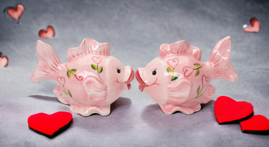 Ceramic Pink Fish with Hearts Salt and Pepper Shakers, Valentines Day Decor, Gift for Her, Kitchen Decor,