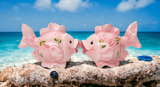 Ceramic Pink Fish with Hearts Salt and Pepper Shakers, Valentines Day Decor, Gift for Her, Kitchen Decor,