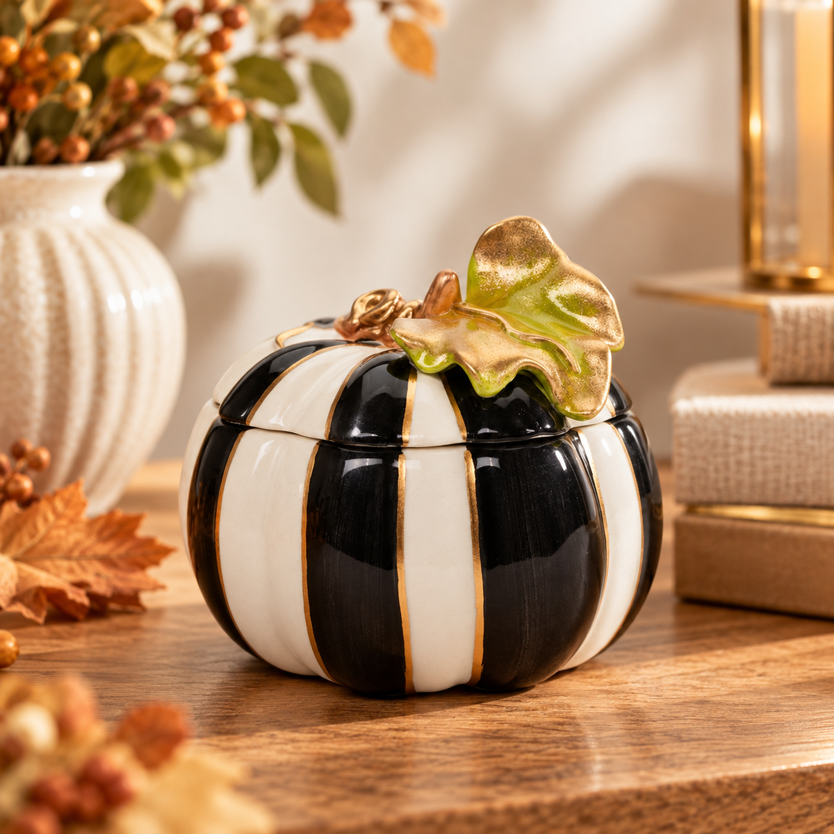 Black & White Ceramic Pumpkin Trinket Box – Modern Fall & Halloween Décor