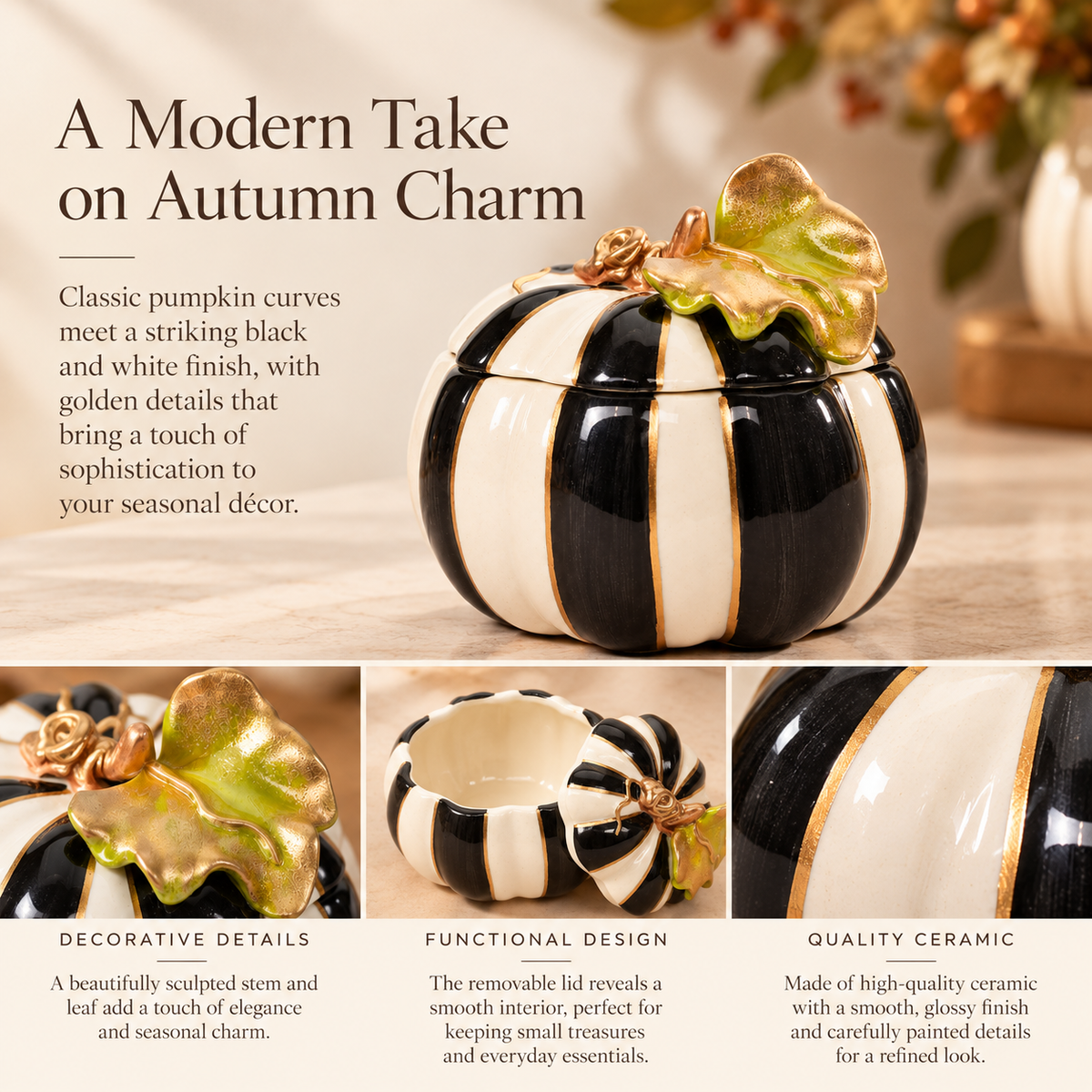 Black & White Ceramic Pumpkin Trinket Box – Modern Fall & Halloween Décor