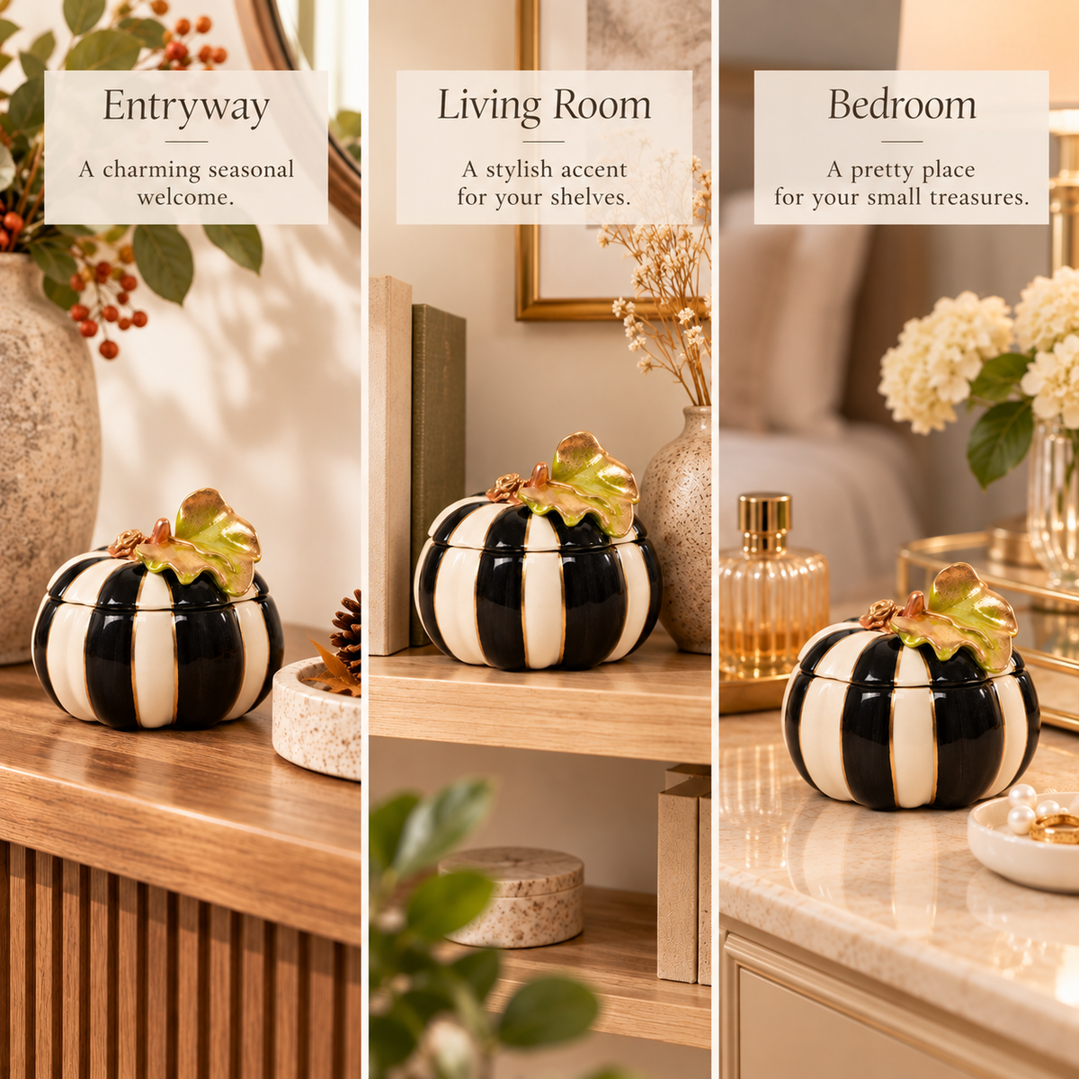 Black & White Ceramic Pumpkin Trinket Box – Modern Fall & Halloween Décor