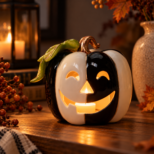 Black & White Pumpkin Tealight Holder | Hand-Painted Ceramic Halloween Decor