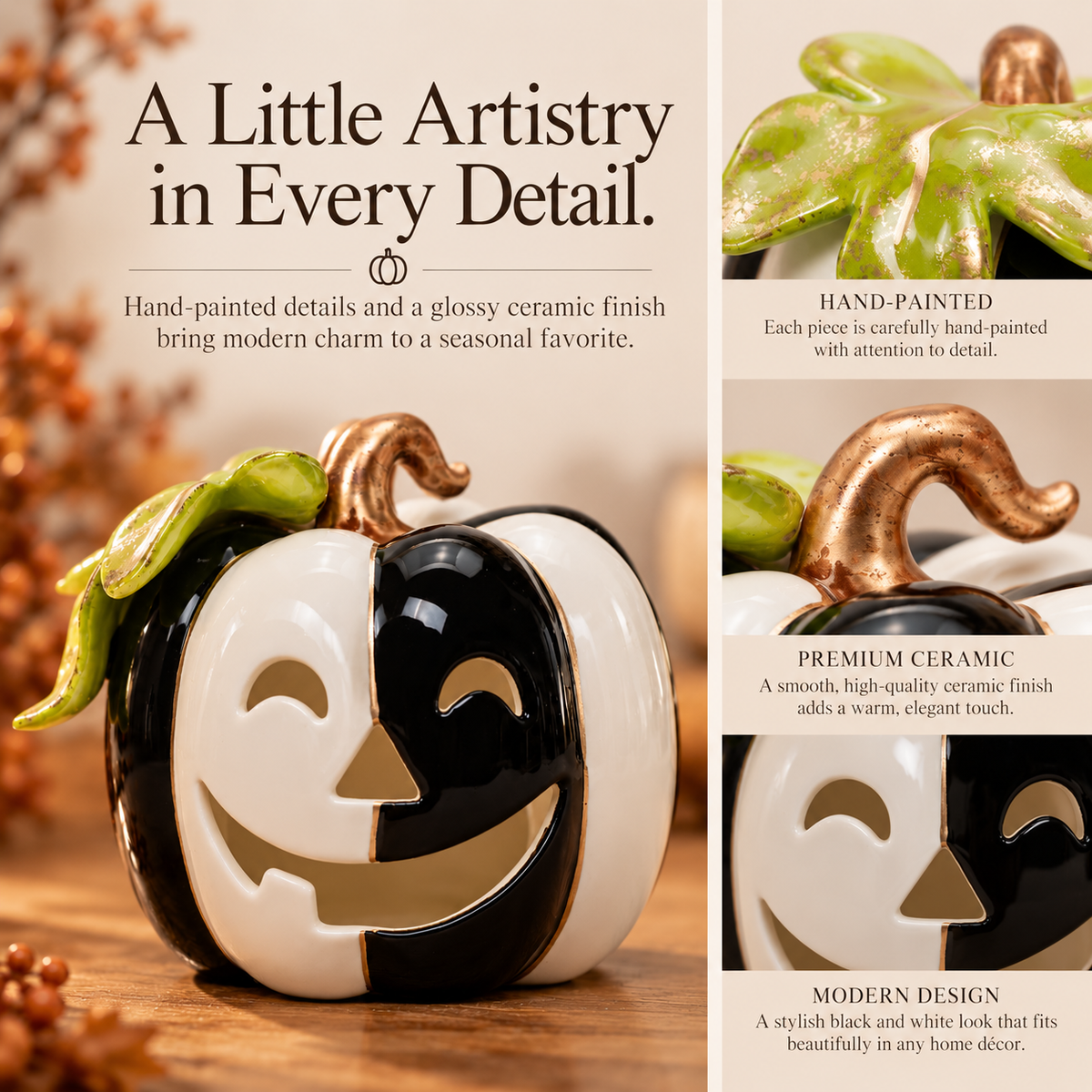 Black & White Pumpkin Tealight Holder | Hand-Painted Ceramic Halloween Decor
