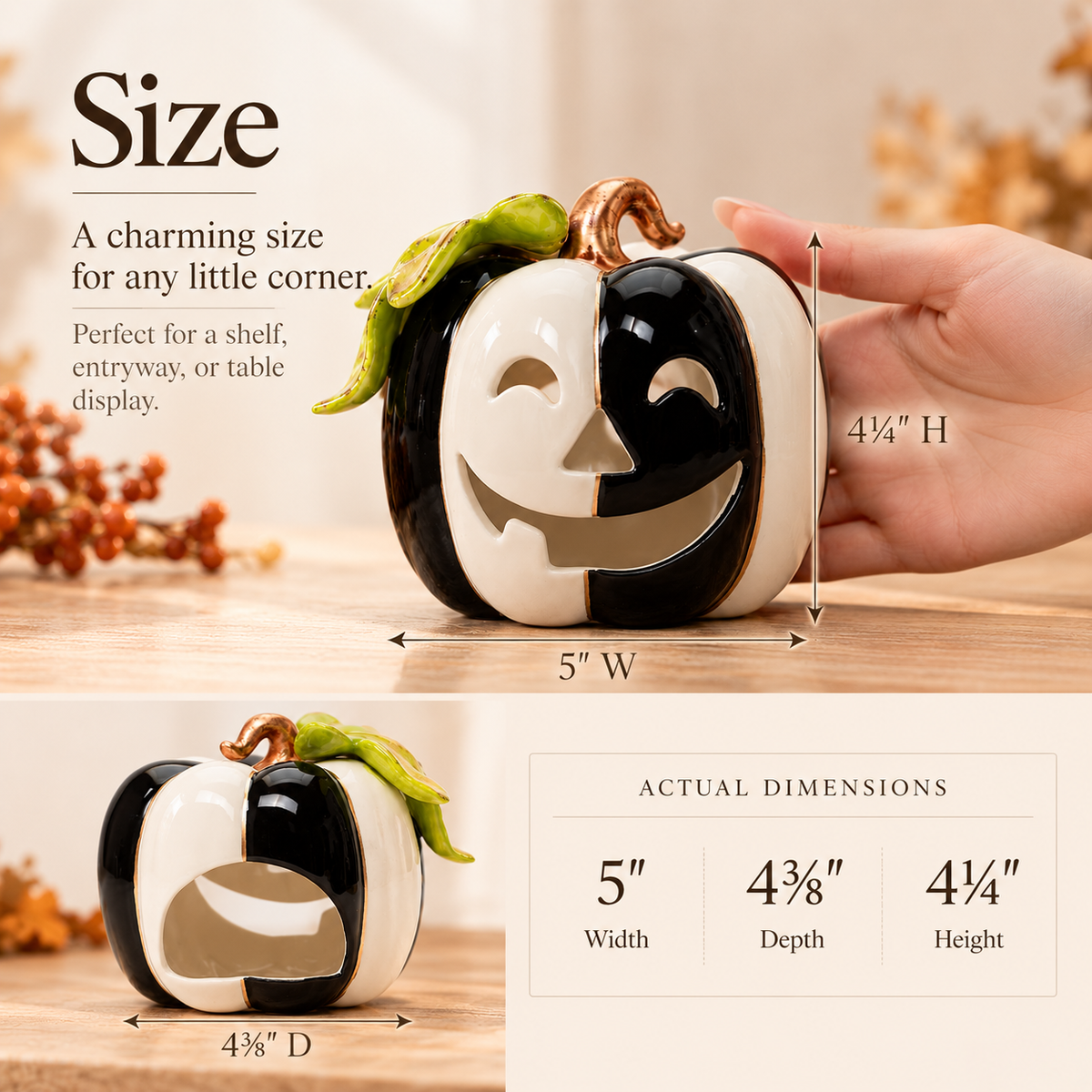 Black & White Pumpkin Tealight Holder | Hand-Painted Ceramic Halloween Decor