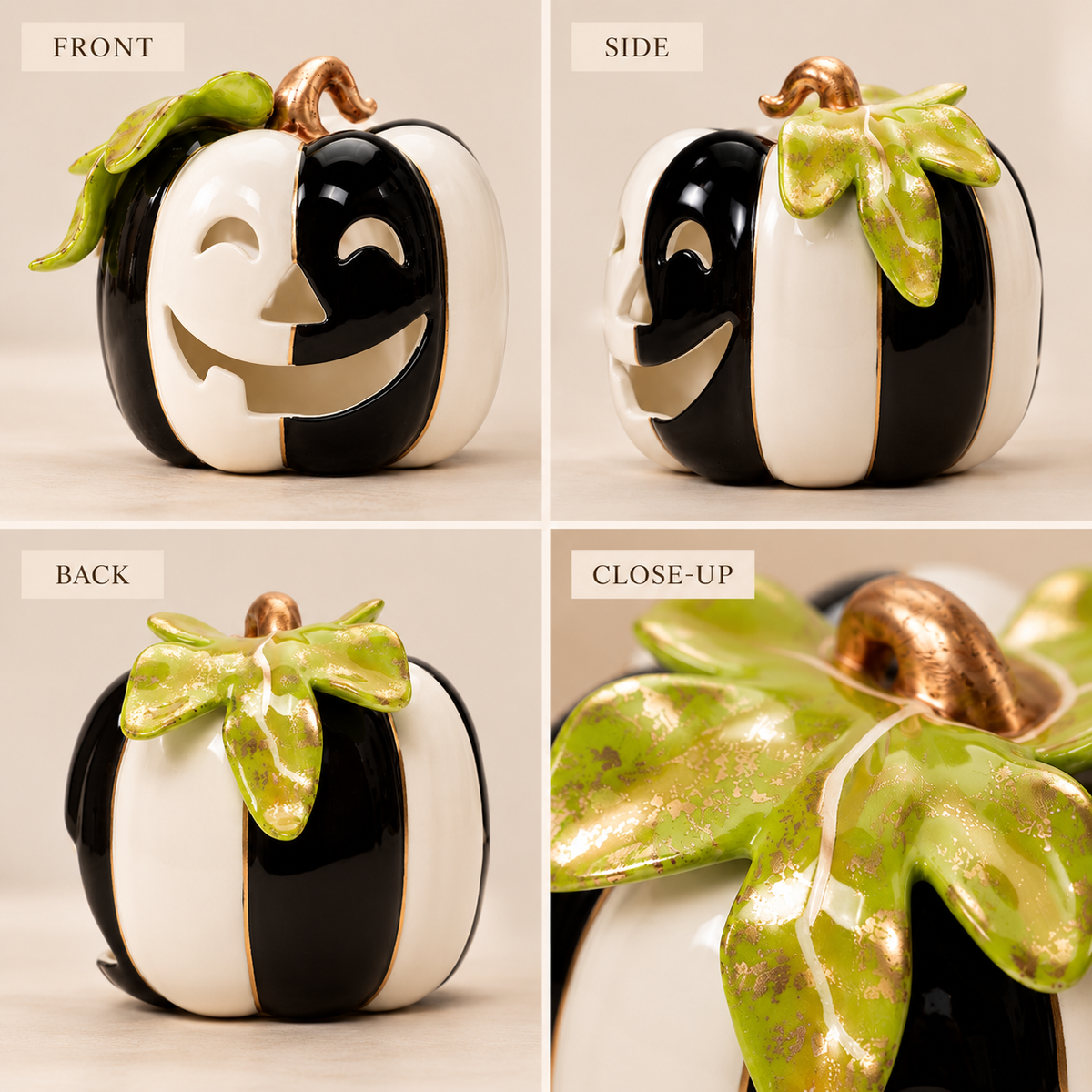 Black & White Pumpkin Tealight Holder | Hand-Painted Ceramic Halloween Decor