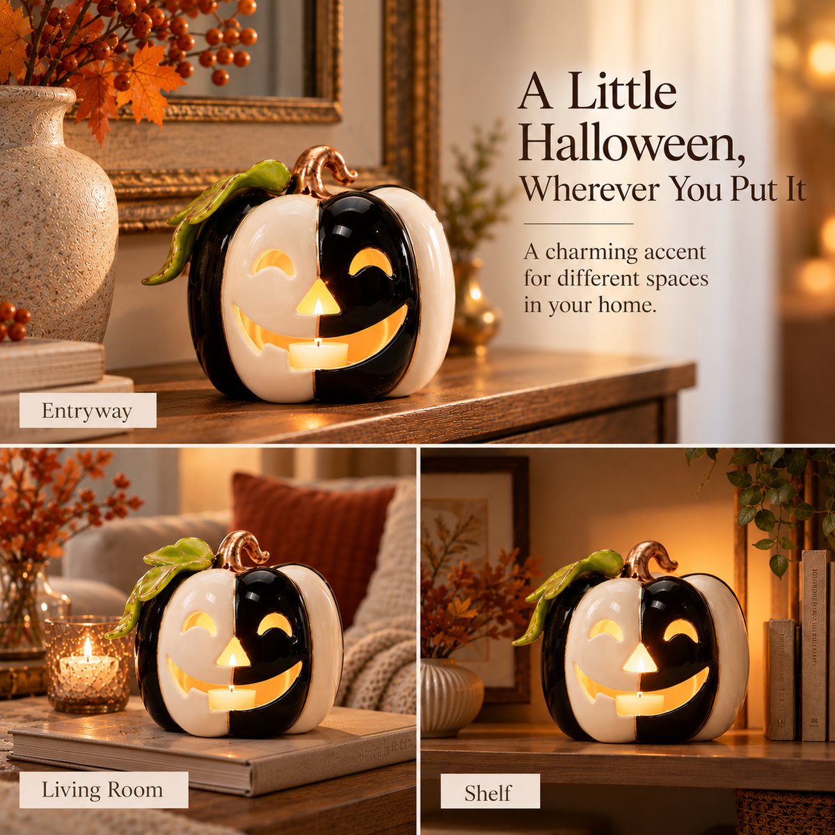 Black & White Pumpkin Tealight Holder | Hand-Painted Ceramic Halloween Decor