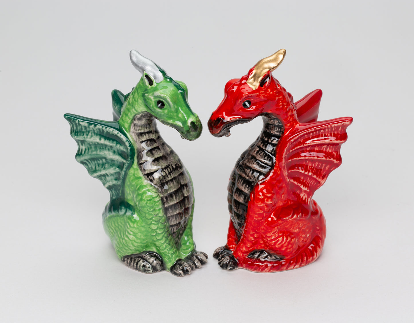 Ceramic Red and Green Medieval Dragon Salt and Pepper Shakers, Game Room Decor, Gift for Him, Gift for Board Game Enthusiast