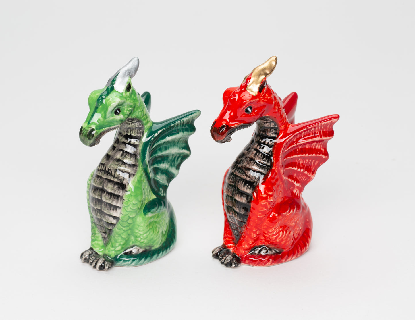 Ceramic Red and Green Medieval Dragon Salt and Pepper Shakers, Game Room Decor, Gift for Him, Gift for Board Game Enthusiast