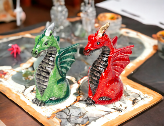 Ceramic Red and Green Medieval Dragon Salt and Pepper Shakers, Game Room Decor, Gift for Him, Gift for Board Game Enthusiast