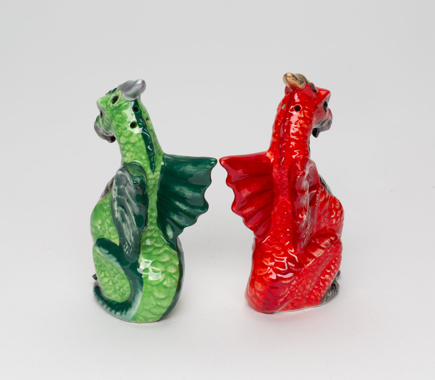 Ceramic Red and Green Medieval Dragon Salt and Pepper Shakers, Game Room Decor, Gift for Him, Gift for Board Game Enthusiast