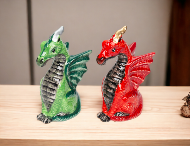 Ceramic Red and Green Medieval Dragon Salt and Pepper Shakers, Game Room Decor, Gift for Him, Gift for Board Game Enthusiast