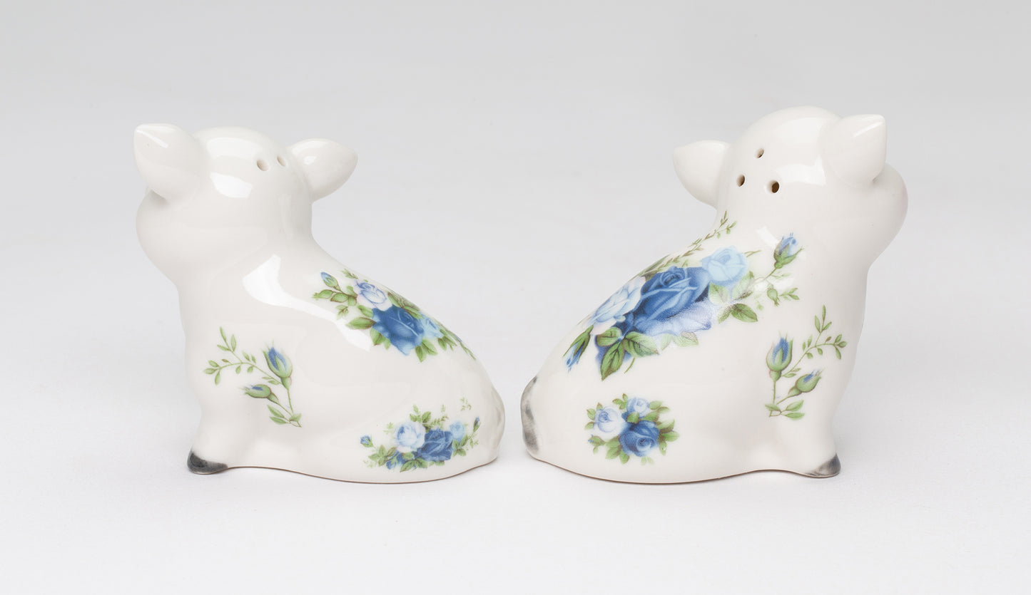 Ceramic Victorian Pig With Blue Rose Patten Salt And Pepper Shakers, Farm Country House Decor, Gift for Mom