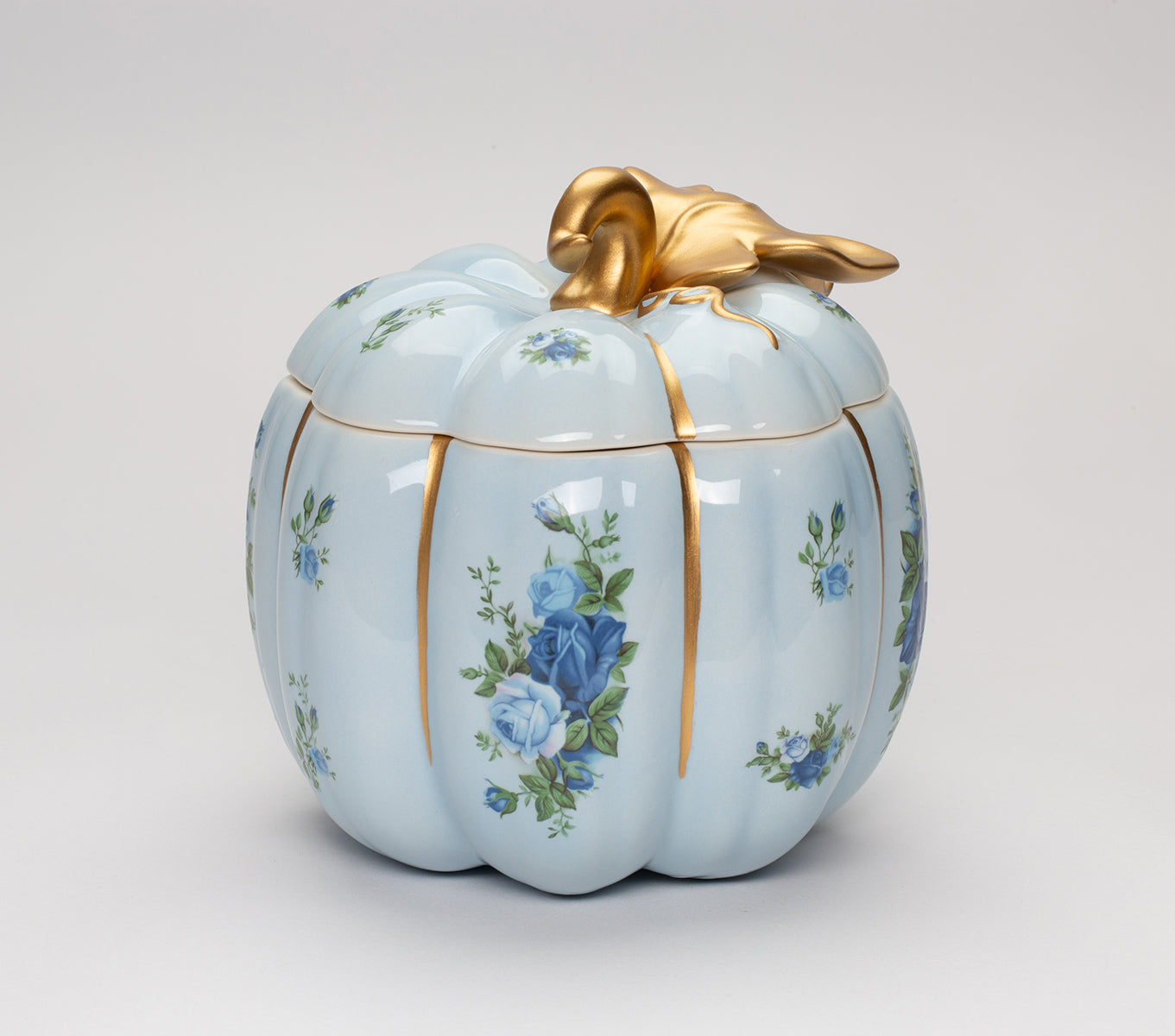 Ceramic Victorian Blue Pumpkin Candy Jar With Blue Roses Pattern, Kitchen Decor, Fall Decor, Gift for Her, Gift for Mom