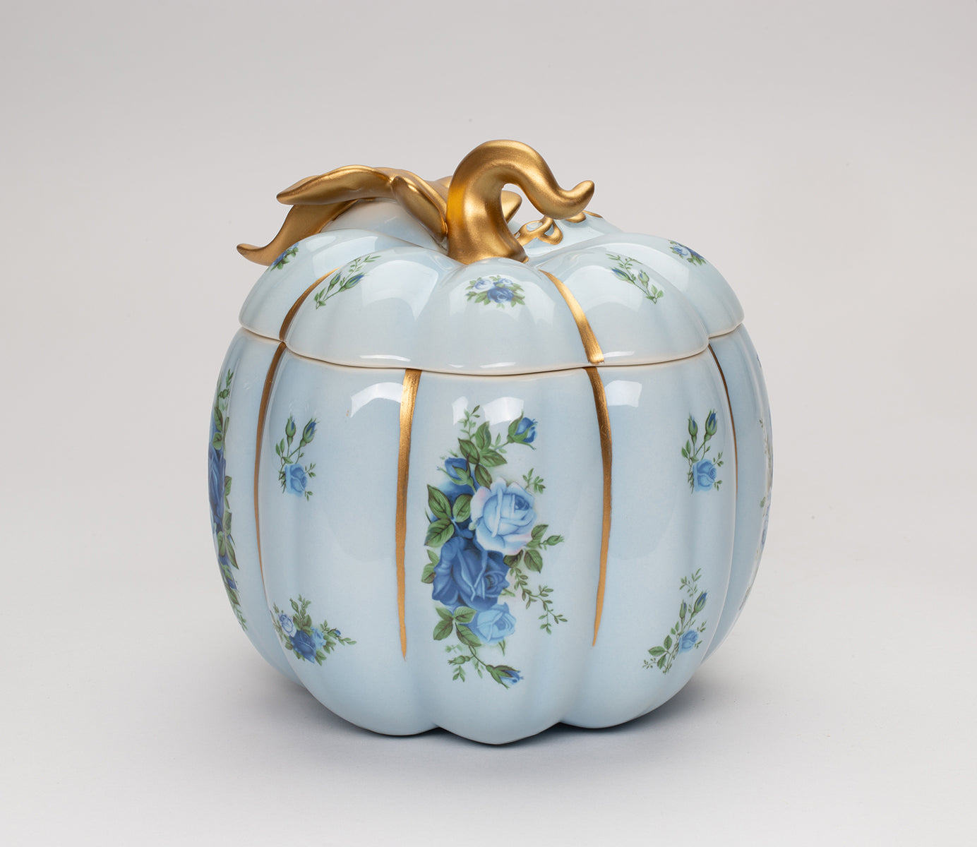 Ceramic Victorian Blue Pumpkin Candy Jar With Blue Roses Pattern, Kitchen Decor, Fall Decor, Gift for Her, Gift for Mom