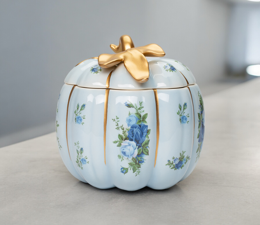 Ceramic Victorian Blue Pumpkin Candy Jar With Blue Roses Pattern, Kitchen Decor, Fall Decor, Gift for Her, Gift for Mom