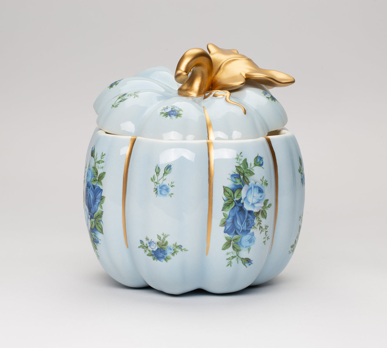 Ceramic Victorian Blue Pumpkin Candy Jar With Blue Roses Pattern, Kitchen Decor, Fall Decor, Gift for Her, Gift for Mom