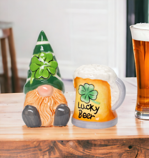 Ceramic Saint Patrick's Day Gnome with Beer Salt and Pepper Shakers, Irish Beer, Lucky Beer, Gift for Him, Drinking Buddy Gift