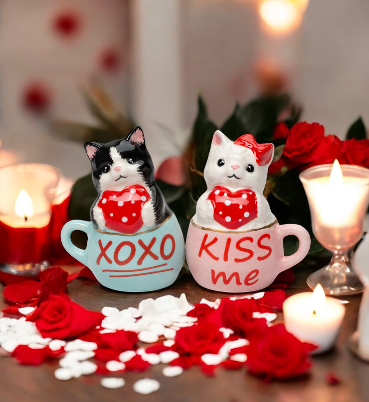 Ceramic Valentine Teacup Cat Salt and Pepper Shakers, Cat Lovers' Gift, Gift for Her, Valentine's Day Decor