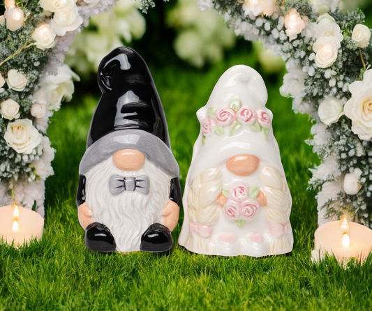 Ceramic Gnome Bride and Groom Salt and Pepper Shakers, Wedding Decor, Wedding Gift, Gnome Collector Gift