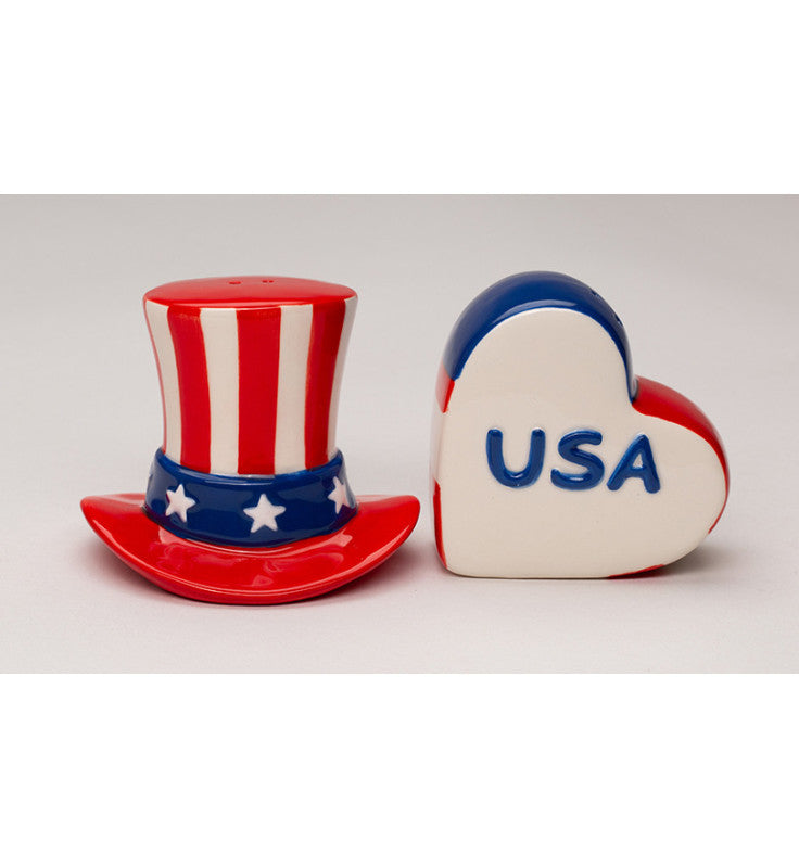 Ceramic Patriotic Flag Top Hat and USA Heart Salt and Pepper Shakers