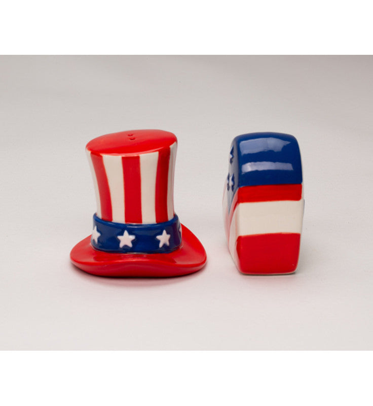 Ceramic Patriotic Flag Top Hat and USA Heart Salt and Pepper Shakers