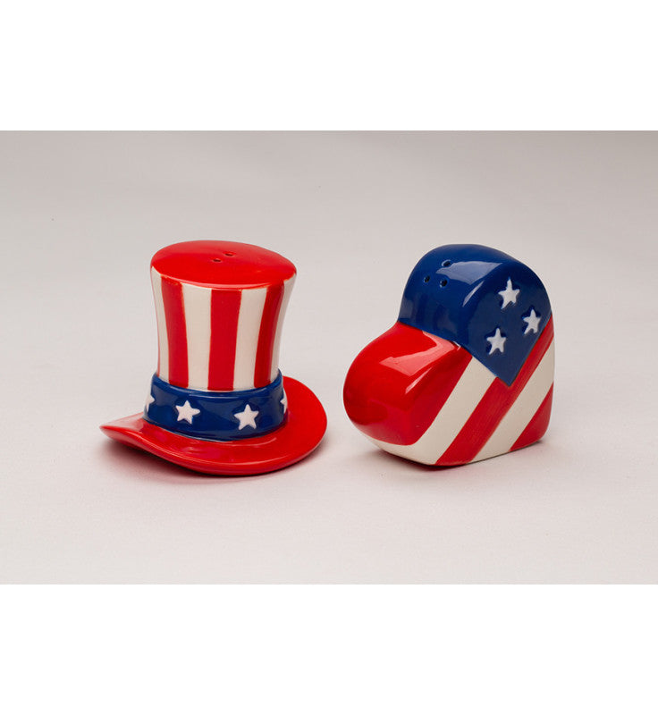 Ceramic Patriotic Flag Top Hat and USA Heart Salt and Pepper Shakers