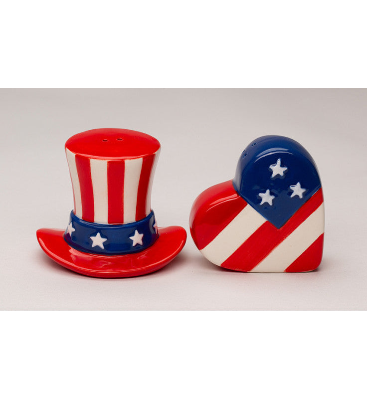 Ceramic Patriotic Flag Top Hat and USA Heart Salt and Pepper Shakers