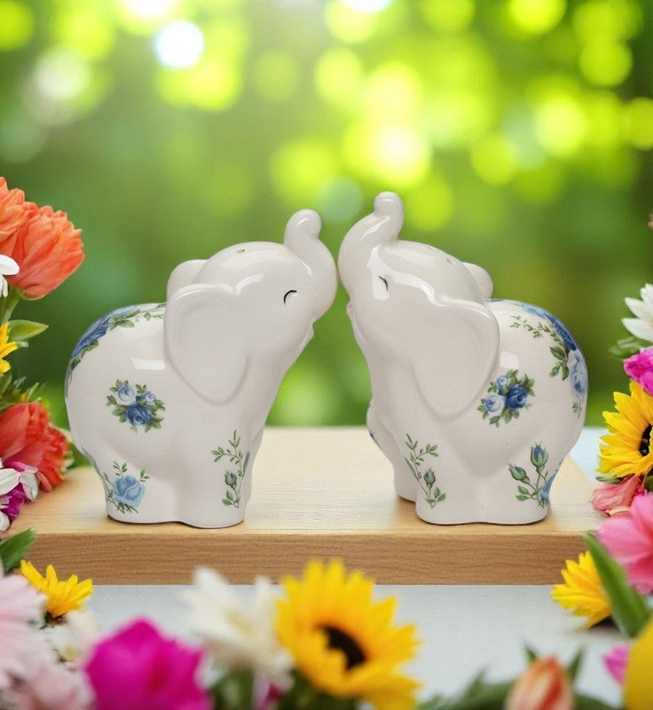 Ceramic Elephant with Blue Roses pattern Salt and Pepper Shakers, Elephant Lover Gift, Spring Decor