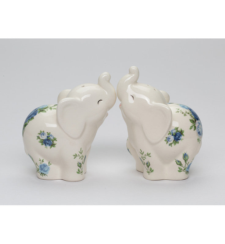 Ceramic Elephant with Blue Roses pattern Salt and Pepper Shakers, Elephant Lover Gift, Spring Decor