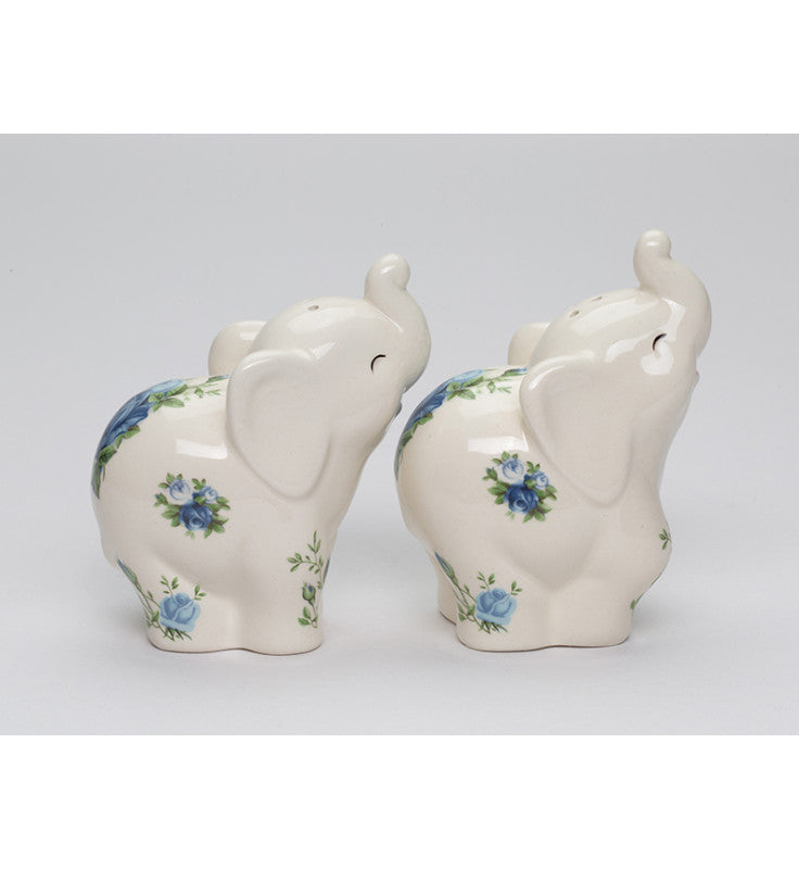 Ceramic Elephant with Blue Roses pattern Salt and Pepper Shakers, Elephant Lover Gift, Spring Decor