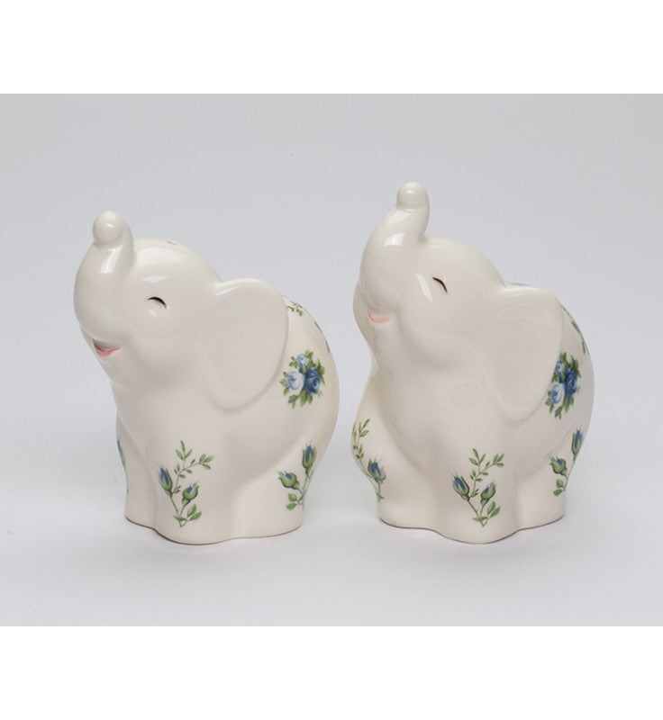 Ceramic Elephant with Blue Roses pattern Salt and Pepper Shakers, Elephant Lover Gift, Spring Decor