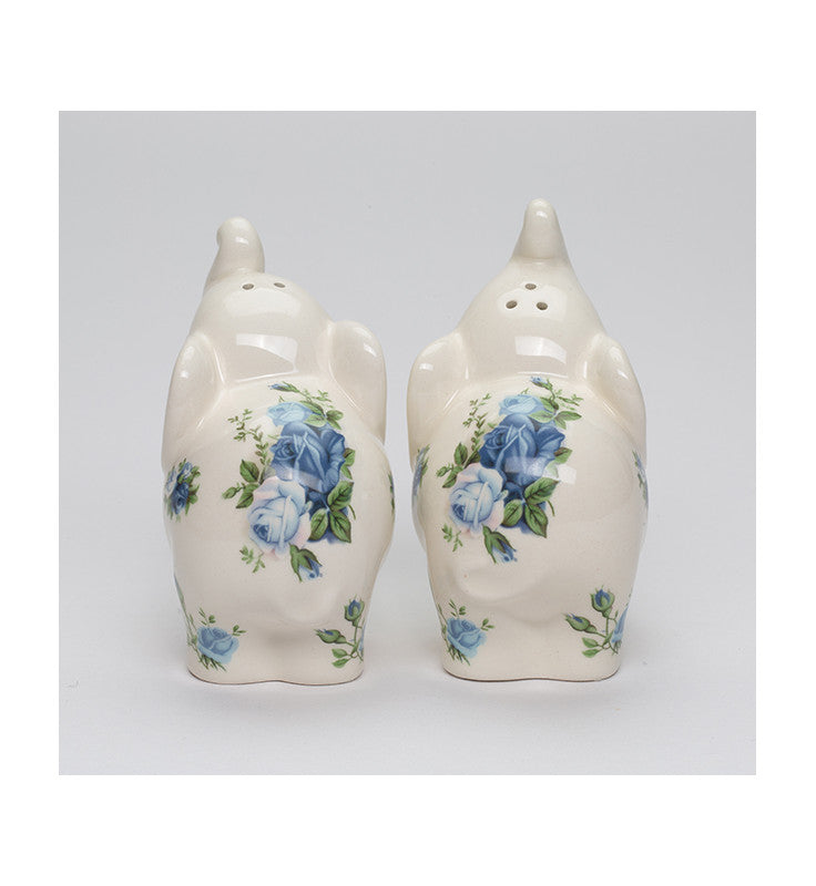 Ceramic Elephant with Blue Roses pattern Salt and Pepper Shakers, Elephant Lover Gift, Spring Decor