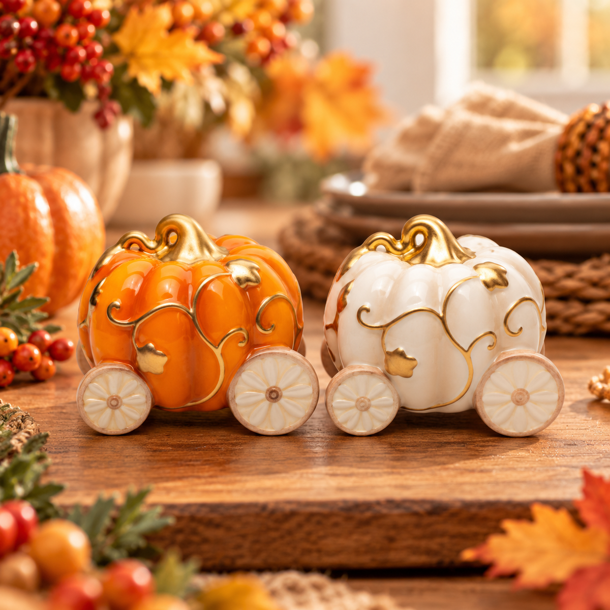 Ceramic Pumpkin Carriage Salt & Pepper Shakers | Fall & Thanksgiving Kitchen Decor
