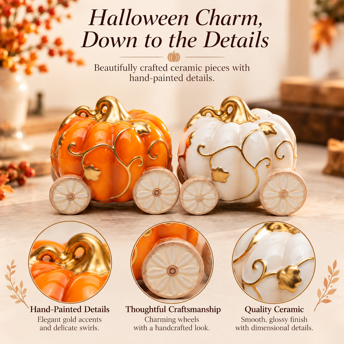 Ceramic Pumpkin Carriage Salt & Pepper Shakers | Fall & Thanksgiving Kitchen Decor