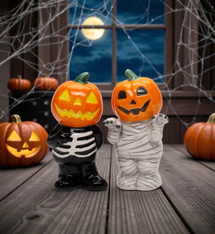 Ceramic Halloween Pumpkin Mummy and Skeleton Salt and Pepper Shakers, Spooky Halloween Decor, Fall Decor