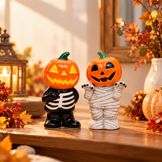 Ceramic Pumpkin Skeleton & Mummy Salt and Pepper Shakers | Halloween Kitchen Decor