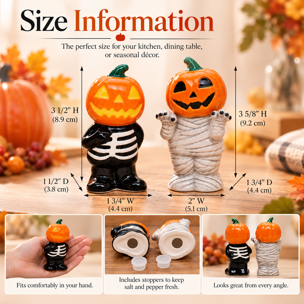 Ceramic Pumpkin Skeleton & Mummy Salt and Pepper Shakers | Halloween Kitchen Decor