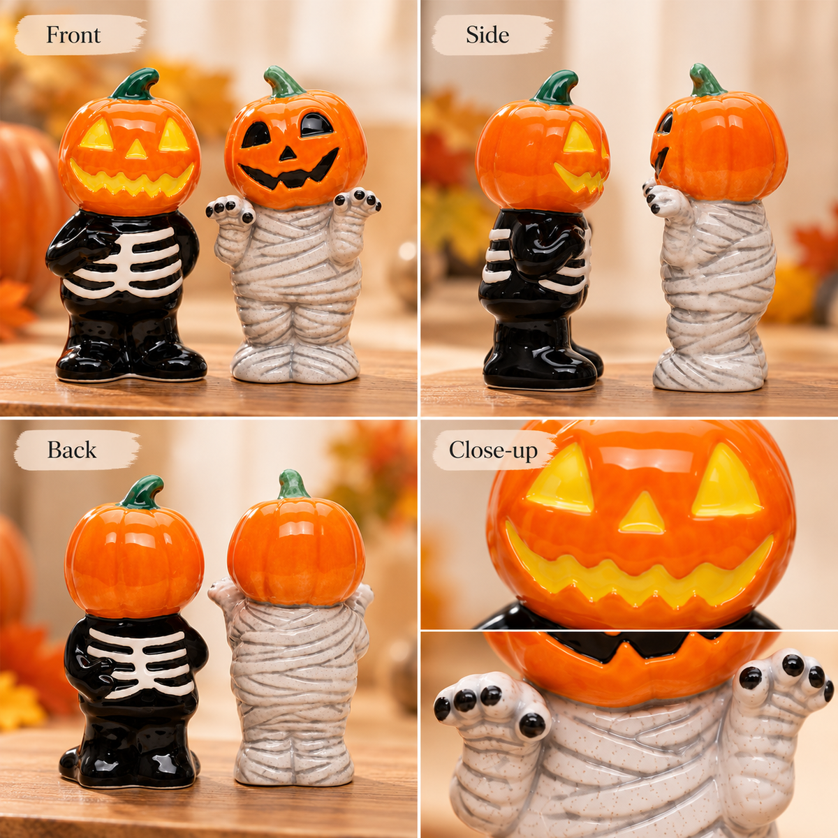 Ceramic Pumpkin Skeleton & Mummy Salt and Pepper Shakers | Halloween Kitchen Decor